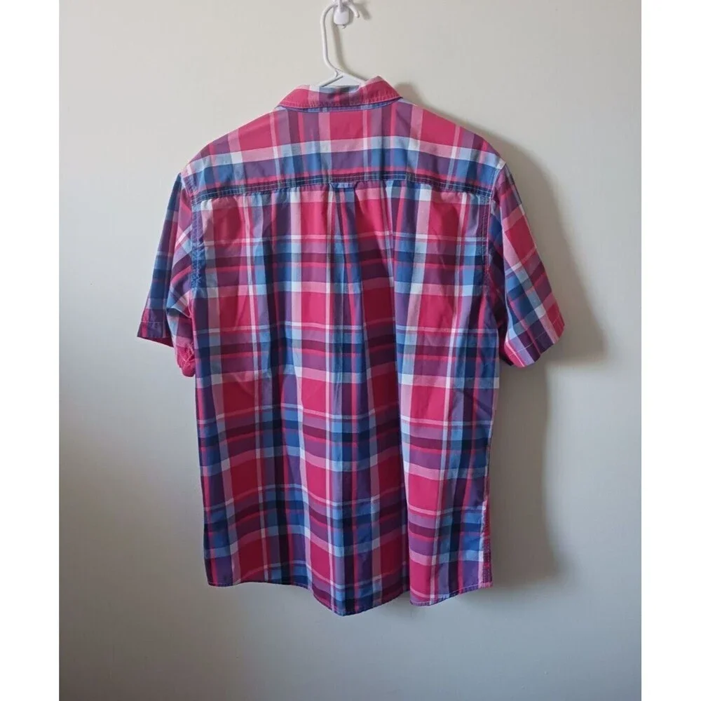 Chaps Mens Plaid Button Up Shirt Red Blue Size XL Short Sleeve - Picture 2 of 5